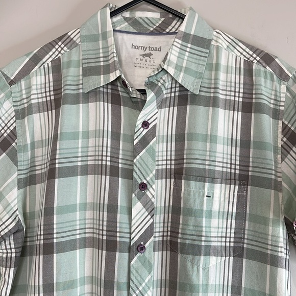 Horny Toad Mens Short Sleeve Plaid Button Down Shirt Green Grey Organic Cotton S - Picture 3 of 12